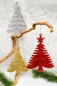 3lü Simli Çam Ağacı Gold-Kırmızı Yılbaşı Çam Ağacı Süsü 15*10 CM thumbnail 1