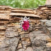 1,05 CT Yakut 0,30 CT Pırlanta (Signty) Taşlı Anturajlı Vintage Tasarım Modern 925 Ayar Gümüş Yüzük - 5