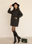 Kadın Oversize Bol Kesim Diz Üstü Siyah Kaban Büyük Cepli Yünlü Kumaş Kapüşon Detaylı thumbnail 3
