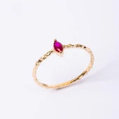 Gümüş Yüzük - Ruby Taşlı El Yapımı Dövülü Eskitme Minimal Tasarım Tektaş 925 Ayar Gümüş Yüzük - 7