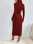 Lucky Life Kadın Uzun Kollu Balıkçı Yaka Yırtmaçlı Düğmeli şardonlu Kaşkorse Elbise thumbnail 1