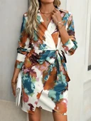 Lucky Life Kadın Uzun Kollu Yakalı Yandan Bağlamalı Mini Desenli Modal Elbise thumbnail 3