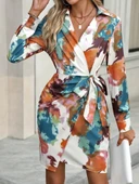 Lucky Life Kadın Uzun Kollu Yakalı Yandan Bağlamalı Mini Desenli Modal Elbise thumbnail 1