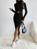 Lucky Life Kadın Uzun Kollu Balıkçı Yaka Yırtmaçlı Düğmeli şardonlu Kaşkorse Elbise thumbnail 1