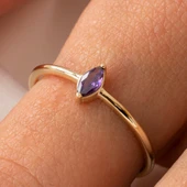 Gümüş Yüzük - Ametist Taşlı Minimal Tasarım Tektaş Kadın 925 Ayar Gümüş Yüzük - 7