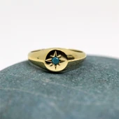 Firuze Taşlı Şimal Yıldızı Yuvarlak Mühür 925 Ayar Gümüş Yüzük-Yıldızlı Hediye Gümüş Yüzük - 2