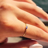 Gümüş Yüzük - Mekik Lacivert Mineli Göz Gümüş Yüzük-Minimal Tektaş Tasarım Nazar Boncuğu Gümüş Yüzük thumbnail 7