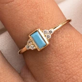 Gümüş Yüzük - Baget Kesim Firuze (Turkuaz) Taşlı Modern 925 Ayar Gümüş Tektaş Yüzük Günlük-Hediyelik - 10