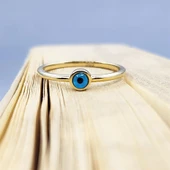 Gümüş Yüzük - Mavi Göz Boncuklu 925 Ayar Gümüş Tektaş-Nazar Boncuklu Minimal 925 Ayar Tektaş Yüzük - 1