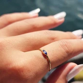 Gümüş Yüzük - Mekik Lacivert Mineli Göz Gümüş Yüzük-Minimal Tektaş Tasarım Nazar Boncuğu Gümüş Yüzük thumbnail 5