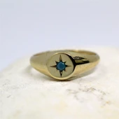 Firuze Taşlı Şimal Yıldızı Yuvarlak Mühür 925 Ayar Gümüş Yüzük-Yıldızlı Hediye Gümüş Yüzük - 11