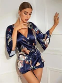 Amora Secret Çiçek Desenli Mavi Mini Saten Gecelik Sabahlık thumbnail 1