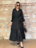 MDB Kadın Uzun Kollu Eteği Fırfırlı Beli Kuşaklı Trikoton Tam Boy Gömlek Elbise thumbnail 8