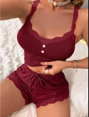 AmoraSecret AmoraSecret Bordo Dantel İşlemeli Fitilli Askılı Şortlu Pijama Takımı - 1