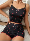 Amora Secret Siyah Üstüne Kırmızı Çilek Desenli Askılı Şortlu Pijama Takımı - 1