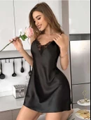 AmoraSecret AmoraSecret Siyah Dantel İşlemeli İnce Askılı Saten Mini Gecelik thumbnail 1