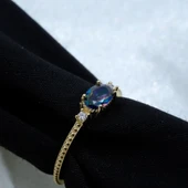 Gümüş Yüzük - Mistik Topaz Oval Kesim Yan Zirkon Taşlı Modern 925 Ayar Gümüş Kadın Tektaş Yüzük thumbnail 4