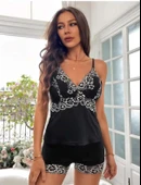 AmoraSecret AmoraSecret Beyaz Dantel İşlemeli Siyah İnce Askılı Saten Şortlu Takım thumbnail 2