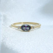 Gümüş Yüzük - Mistik Topaz Oval Kesim Yan Zirkon Taşlı Modern 925 Ayar Gümüş Kadın Tektaş Yüzük thumbnail 6