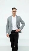 Plus Scorpion Gri Erkek İtalyan Kesim Blazer Ceket – Lacivert Detaylı, Kol Yamali, Slim Fit Şık Tasarım thumbnail 3