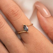 Gümüş Yüzük - 0.60 Karat Mekik Mistik Topaz Taşlı Es 925 Ayar Gümüş Evlilik Teklifi Yüzüğü - 5