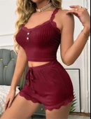 AmoraSecret AmoraSecret Bordo Dantel İşlemeli Fitilli Askılı Şortlu Pijama Takımı - 2