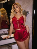 AmoraSecret AmoraSecret Bordo Dantel İşlemeli İnce Askılı Önden Bağlamalı Saten Şortlu Takım thumbnail 1