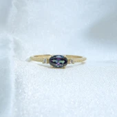 Gümüş Yüzük - Mistik Topaz Oval Kesim Yan Zirkon Taşlı Modern 925 Ayar Gümüş Kadın Tektaş Yüzük thumbnail 7