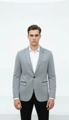 Plus Scorpion Gri Erkek İtalyan Kesim Blazer Ceket – Lacivert Detaylı, Kol Yamali, Slim Fit Şık Tasarım thumbnail 2