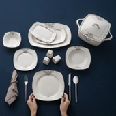 Emsan New Yasemin Porselen 60 Parça 12 Kişilik Yarım Kare Yemek Takımı Platin thumbnail 7