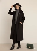 Kadın Siyah Kaşe Uzun Kaban Maksi Boy Palto Geniş Yakalı Düz ​​Kesim Kışlık thumbnail 6