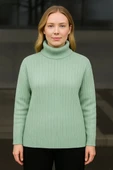 Kadın Balıkcı Yaka Bağazlı Triko Kazak Pamuklu Kalın Fitilli Dokuma - Mint Yeşili - 1