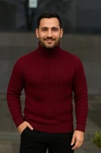 Erkek Balıkcı Yaka Bağazlı Triko Kazak Pamuklu Kalın Fitilli Dokuma, Regular Fit Uzun Kollu Kışlık Model - Bordo thumbnail 3
