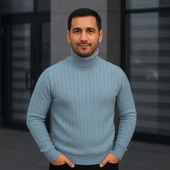 Erkek Balıkcı Yaka Bağazlı Triko Kazak Pamuklu Kalın Fitilli Dokuma, Regular Fit Uzun Kollu Kışlık Model - Bebe Mavisi thumbnail 1