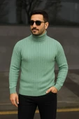 Erkek Balıkcı Yaka Bağazlı Triko Kazak Pamuklu Kalın Fitilli Dokuma, Regular Fit Uzun Kollu Kışlık Model - Mint Yeşili thumbnail 1