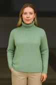 Kadın Balıkcı Yaka Bağazlı Triko Kazak Pamuklu Kalın Fitilli Dokuma - Mint Yeşili - 3