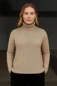 Kadın Balıkcı Yaka Bağazlı Triko Kazak Pamuklu Kalın Fitilli Dokuma - Bej - 3
