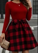 MDB Kadın Uzun Kollu Bisiklet Yaka üst Viskon Alt Ekose Kısa Elbise thumbnail 2