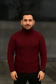 Erkek Balıkcı Yaka Bağazlı Triko Kazak Pamuklu Kalın Fitilli Dokuma, Regular Fit Uzun Kollu Kışlık Model - Bordo thumbnail 4