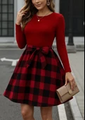MDB Kadın Uzun Kollu Bisiklet Yaka üst Viskon Alt Ekose Kısa Elbise thumbnail 1