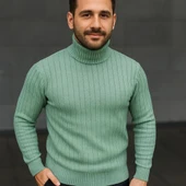 Erkek Balıkcı Yaka Bağazlı Triko Kazak Pamuklu Kalın Fitilli Dokuma, Regular Fit Uzun Kollu Kışlık Model - Mint Yeşili thumbnail 2