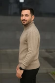 Erkek Balıkcı Yaka Bağazlı Triko Kazak Pamuklu Kalın Fitilli Dokuma, Regular Fit Uzun Kollu Kışlık Model - Bej thumbnail 2