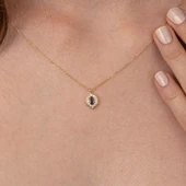 Gümüş Kolye - Oval Mistik Topaz Taşlı Yanları Zirkon Taşlı Modern Tasarım 925 Ayar Gümüş Kolye - 8