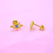 Gümüş Küpe - Kadın Minimal Firuze (Turkuaz) Taşlı Göz Tasarım 925 Ayar Gümüş Küpe - 3