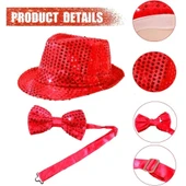 Kırmızı Payetli Şapka ve Papyon Seti – Parıltılı Yetişkin Kostüm Seti thumbnail 3