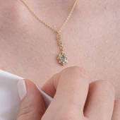 Gümüş Kolye - Vintage Tasarım Sallantılı Oval Su Yeşili Taşlı Zirkon Taşlı 925 Ayar Gümüş Kolye - 4