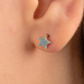 Gümüş Küpe - 925 Ayar Gümüş Firuze (Turkuaz) Taşlı Minimal Yıldız Küpe - 1