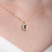 Gümüş Kolye - Oval Mistik Topaz Taşlı Yanları Zirkon Taşlı Modern Tasarım 925 Ayar Gümüş Kolye - 2