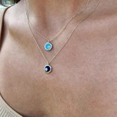 Gümüş Kolye - Ala Lacivert Lazer Mineli Nazar Boncuğu Göz Tasarım Taşsız Modern 925 Ayar Gümüş Kolye - 3