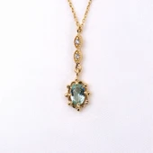 Gümüş Kolye - Vintage Tasarım Sallantılı Oval Su Yeşili Taşlı Zirkon Taşlı 925 Ayar Gümüş Kolye - 1